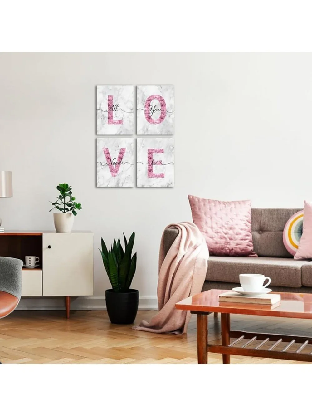 Glam Pink Canvas Wall Art - Love Quotes Decor for Bedroom & Bathroom, Glitter